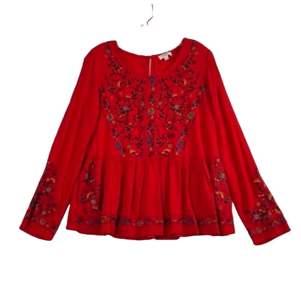Umgee Long Sleeve Floral Embroidered Top Red Womens Small